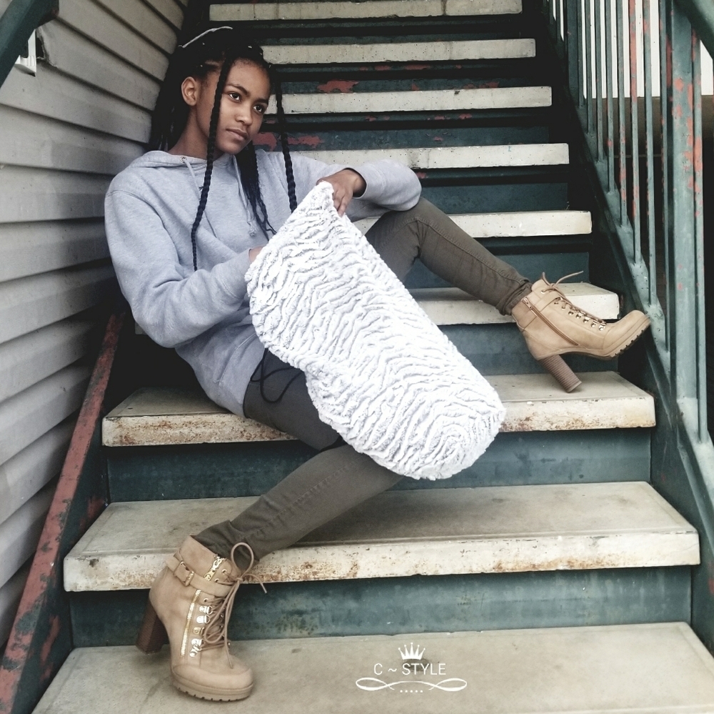 Layered Fuzzy Fur Grey And White Drawstring Bag *NEW*